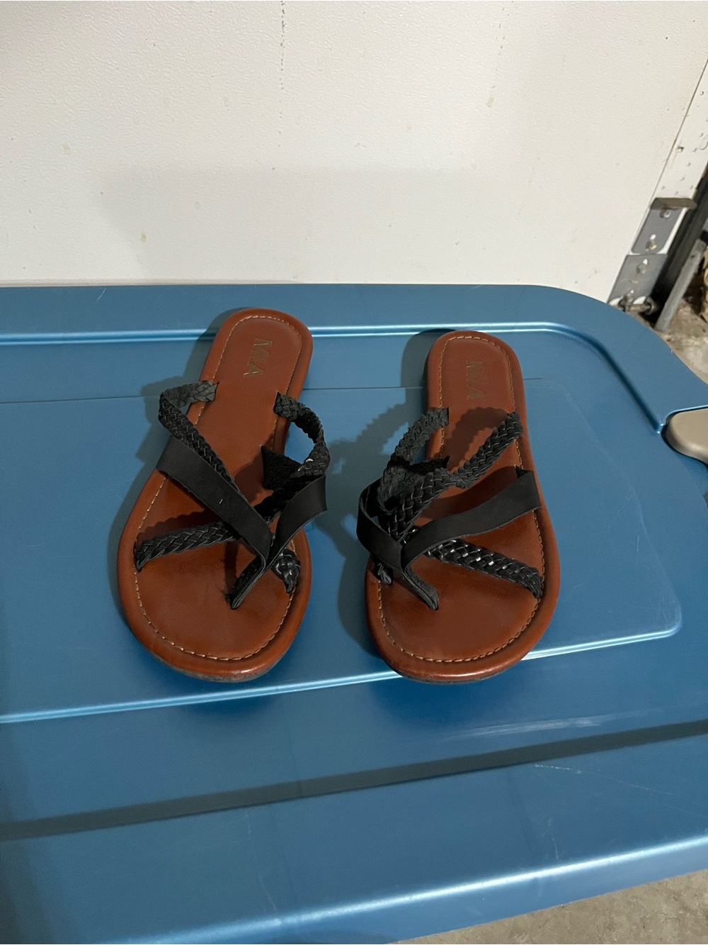 MIA Brown Footbed Black Braided Strap Slide Sandals